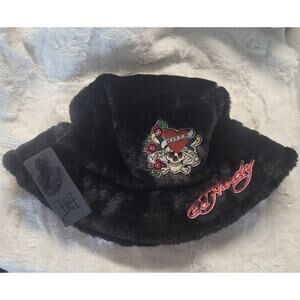 Ed Hardy faux fur embroidered bucket hat, New with tags